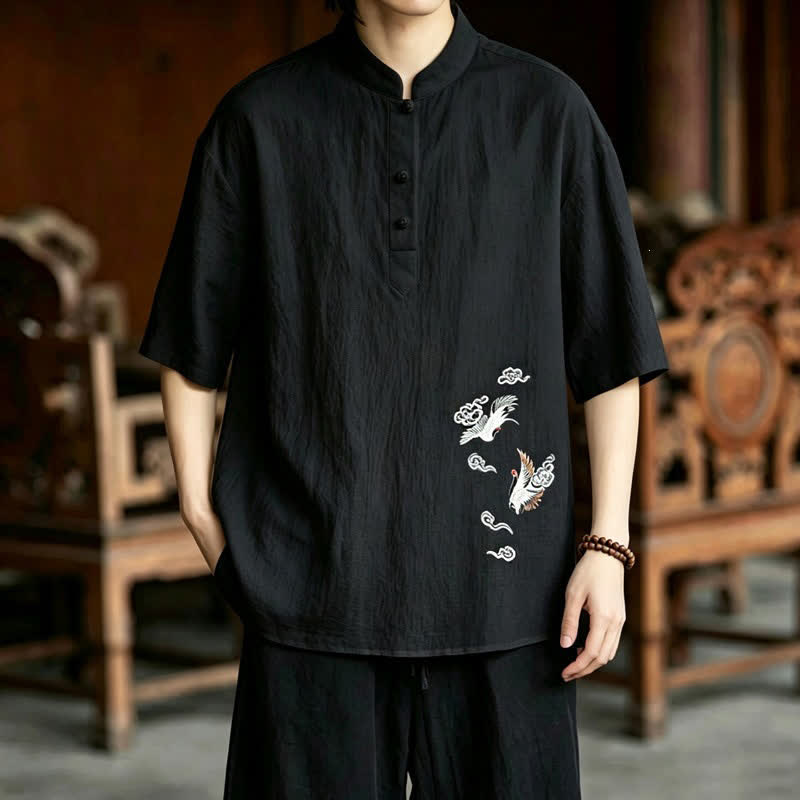 Buddha Stones Camicia da uomo a maniche corte, stile estivo Tang, casual, con colletto alla coreana e ricamo a gru. - Nero - US/UK/AU48, EU58 (6XL) - image 12