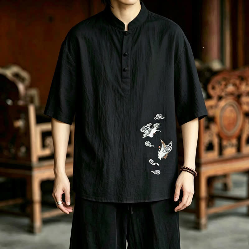 Buddha Stones Camicia da uomo a maniche corte, stile estivo Tang, casual, con colletto alla coreana e ricamo a gru. - image 13