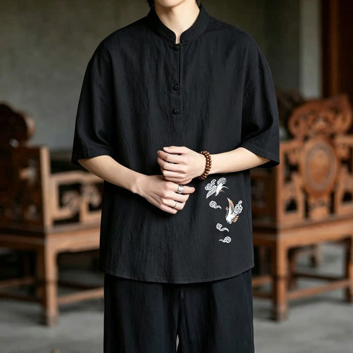 Buddha Stones Camicia da uomo a maniche corte, stile estivo Tang, casual, con colletto alla coreana e ricamo a gru. - image 14