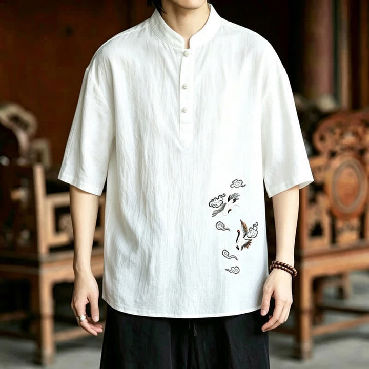 Buddha Stones Camicia da uomo a maniche corte, stile estivo Tang, casual, con colletto alla coreana e ricamo a gru. - image 1