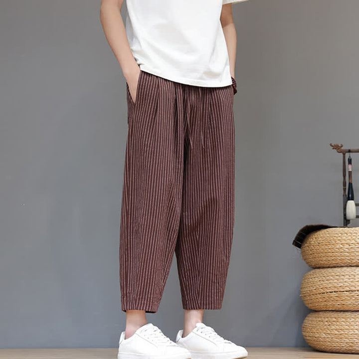 Buddha Stones Pantaloni capri estivi casual minimalisti con coulisse a righe in cotone e lino, pantaloni affusolati da uomo con tasca - image 18
