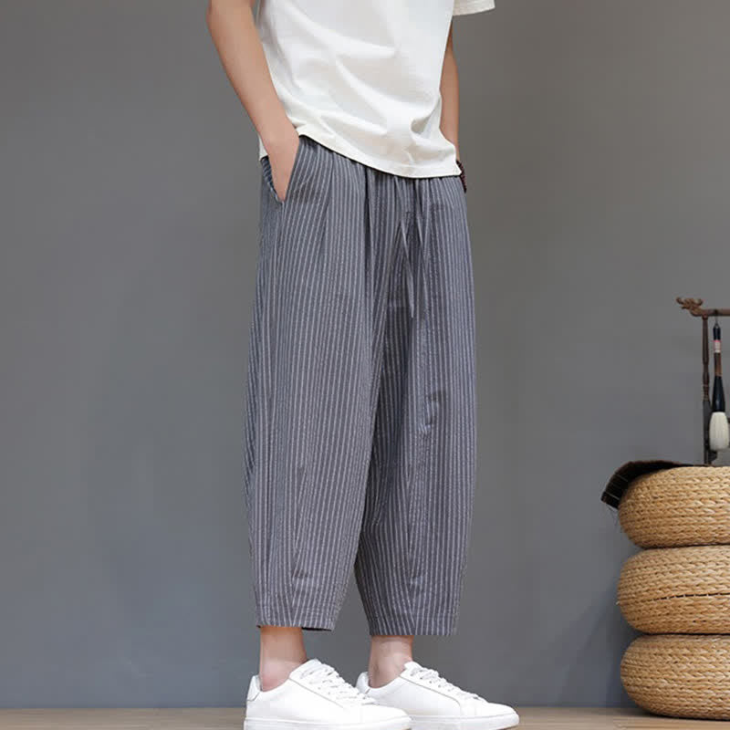 Buddha Stones Pantaloni capri estivi casual minimalisti con coulisse a righe in cotone e lino, pantaloni affusolati da uomo con tasca - image 1
