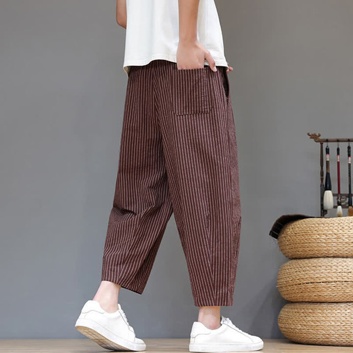 Buddha Stones Pantaloni capri estivi casual minimalisti con coulisse a righe in cotone e lino, pantaloni affusolati da uomo con tasca - image 20