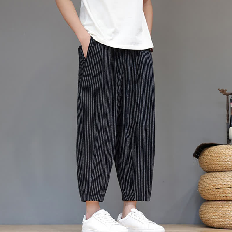 Buddha Stones Pantaloni capri estivi casual minimalisti con coulisse a righe in cotone e lino, pantaloni affusolati da uomo con tasca - image 10