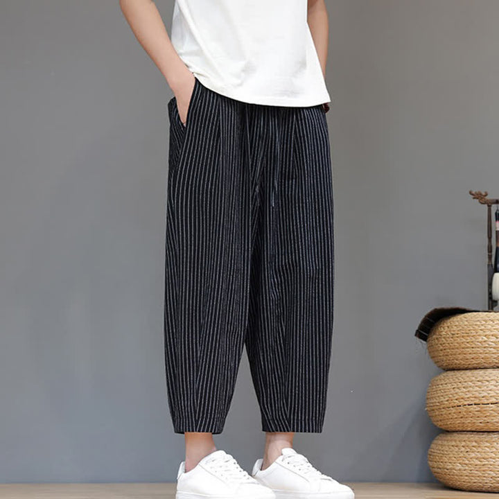 Buddha Stones Pantaloni capri estivi casual minimalisti con coulisse a righe in cotone e lino, pantaloni affusolati da uomo con tasca - image 10