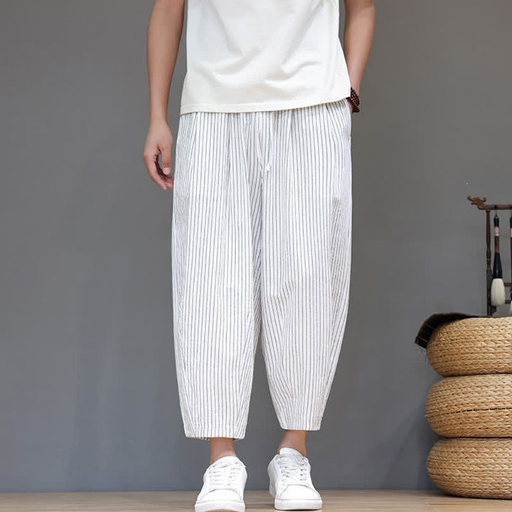 Buddha Stones Pantaloni capri estivi casual minimalisti con coulisse a righe in cotone e lino, pantaloni affusolati da uomo con tasca - image 27