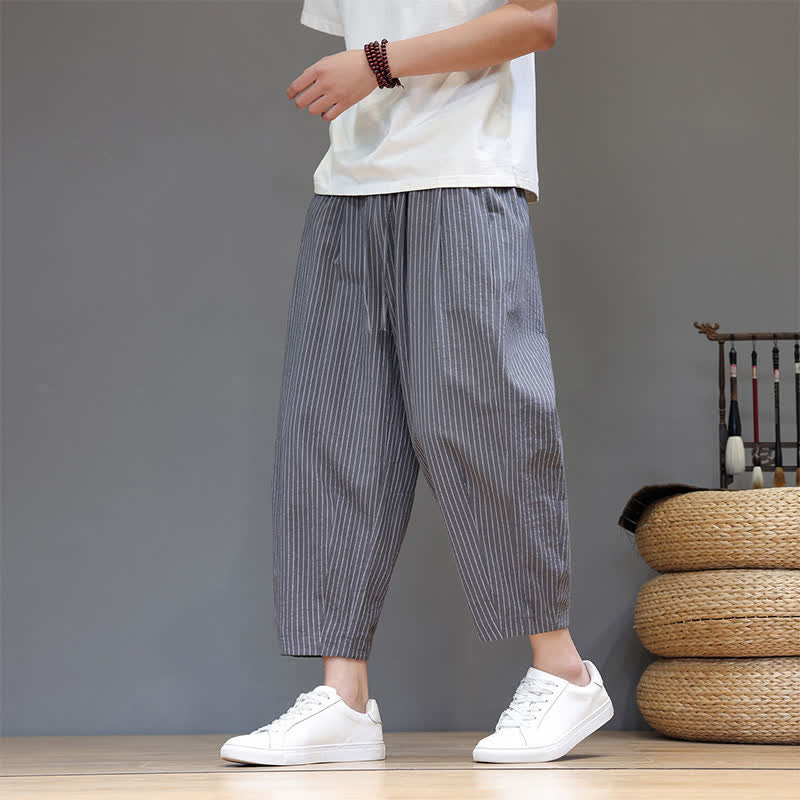 Buddha Stones Pantaloni capri estivi casual minimalisti con coulisse a righe in cotone e lino, pantaloni affusolati da uomo con tasca - image 2