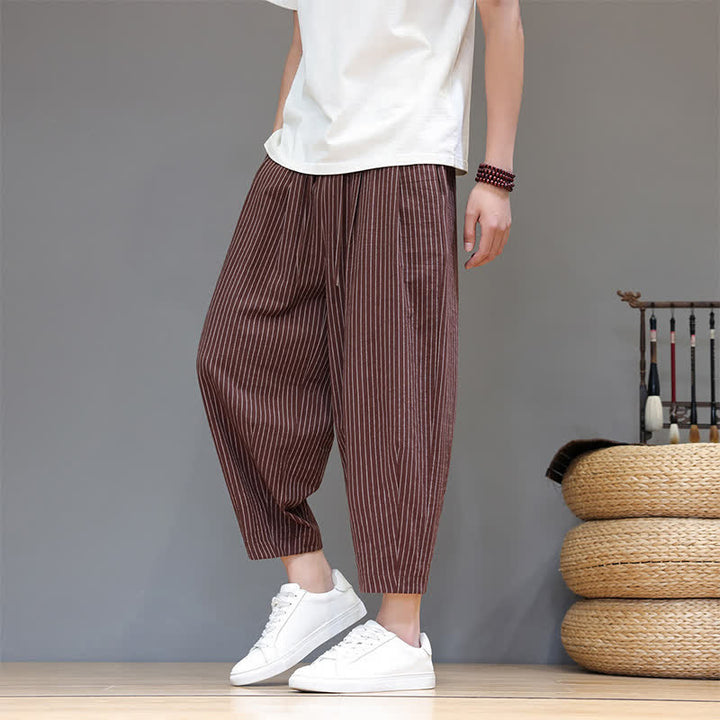 Buddha Stones Pantaloni capri estivi casual minimalisti con coulisse a righe in cotone e lino, pantaloni affusolati da uomo con tasca - image 23