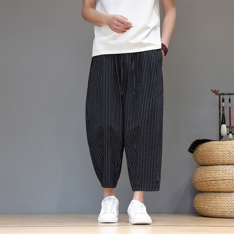 Buddha Stones Pantaloni capri estivi casual minimalisti con coulisse a righe in cotone e lino, pantaloni affusolati da uomo con tasca - image 12