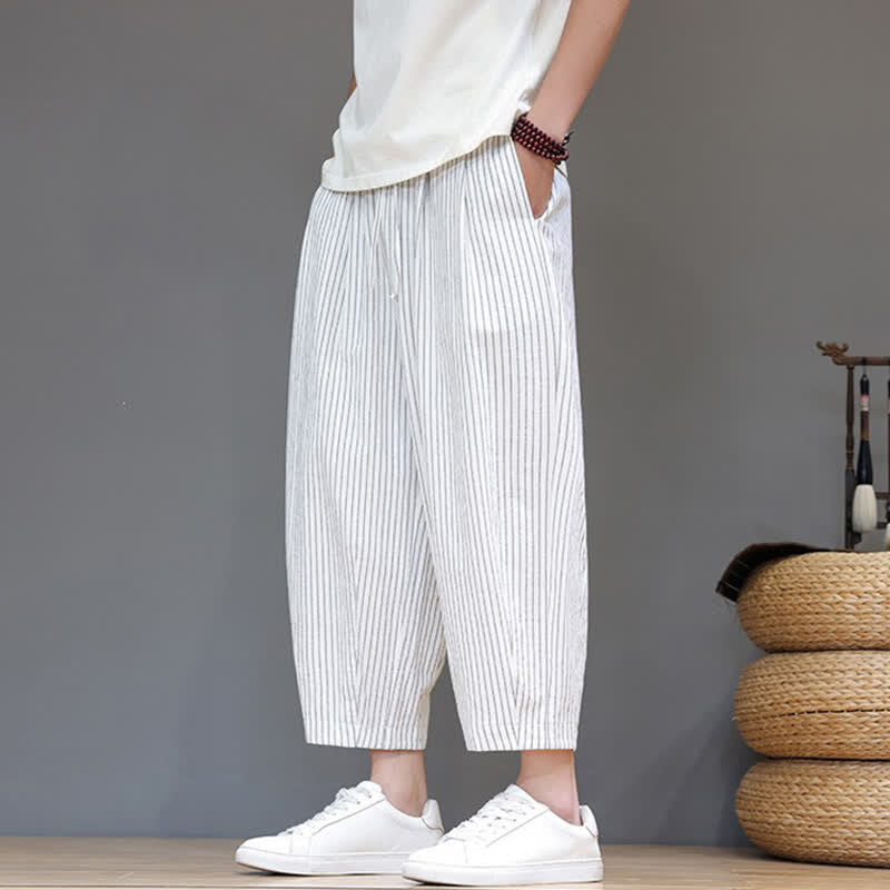 Buddha Stones Pantaloni capri estivi casual minimalisti con coulisse a righe in cotone e lino, pantaloni affusolati da uomo con tasca - image 29