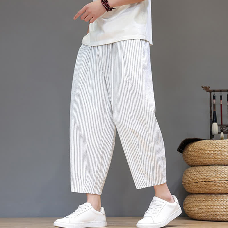 Buddha Stones Pantaloni capri estivi casual minimalisti con coulisse a righe in cotone e lino, pantaloni affusolati da uomo con tasca - Bianco - US/UK/AU46, EU56 (5XL) - image 25