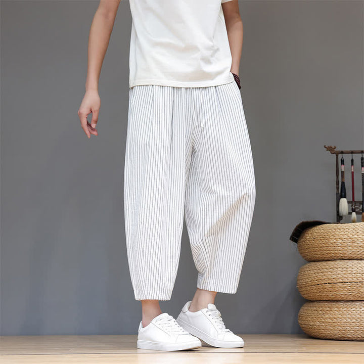 Buddha Stones Pantaloni capri estivi casual minimalisti con coulisse a righe in cotone e lino, pantaloni affusolati da uomo con tasca - image 30