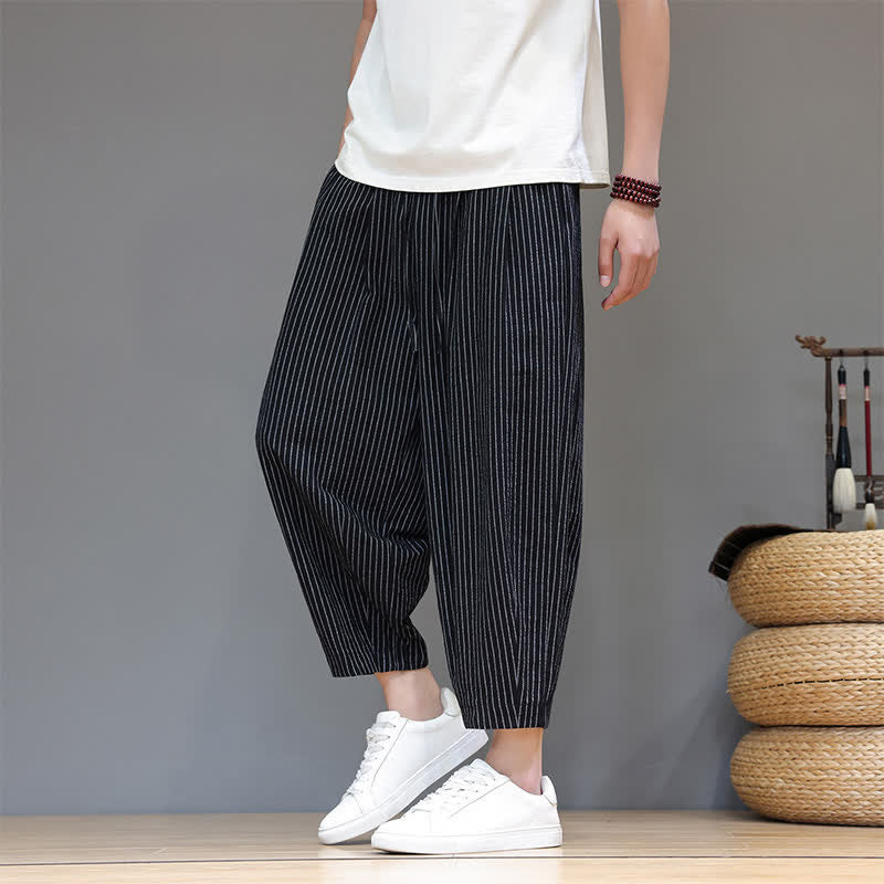 Buddha Stones Pantaloni capri estivi casual minimalisti con coulisse a righe in cotone e lino, pantaloni affusolati da uomo con tasca - image 15