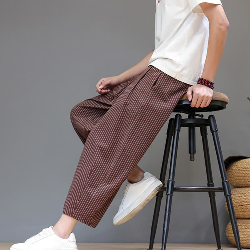 Buddha Stones Pantaloni capri estivi casual minimalisti con coulisse a righe in cotone e lino, pantaloni affusolati da uomo con tasca - image 24