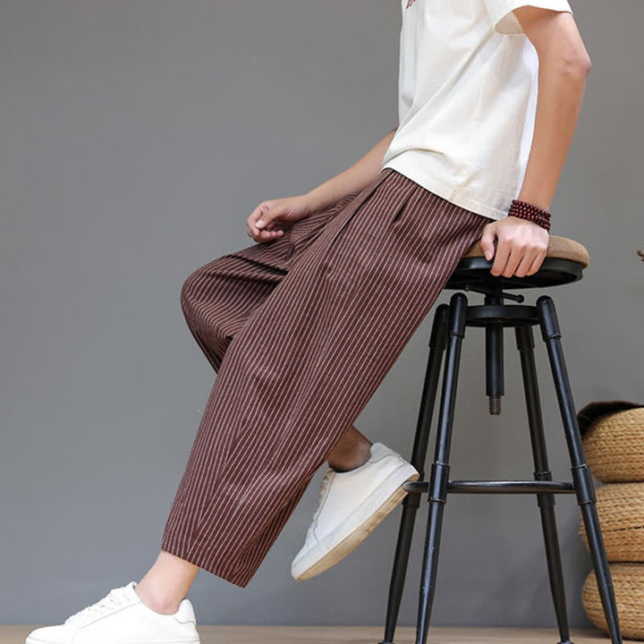 Buddha Stones Pantaloni capri estivi casual minimalisti con coulisse a righe in cotone e lino, pantaloni affusolati da uomo con tasca - image 24