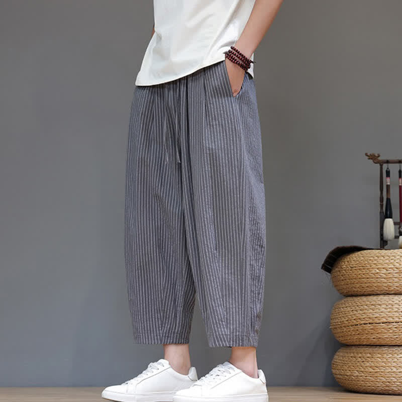Buddha Stones Pantaloni capri estivi casual minimalisti con coulisse a righe in cotone e lino, pantaloni affusolati da uomo con tasca - image 4