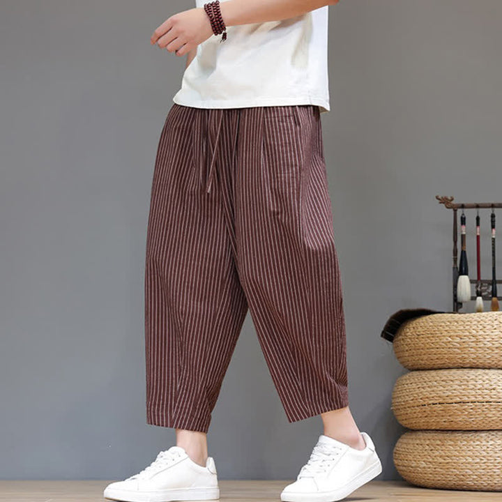 Buddha Stones Pantaloni capri estivi casual minimalisti con coulisse a righe in cotone e lino, pantaloni affusolati da uomo con tasca - Siena - US/UK/AU46, EU56 (5XL) - image 17