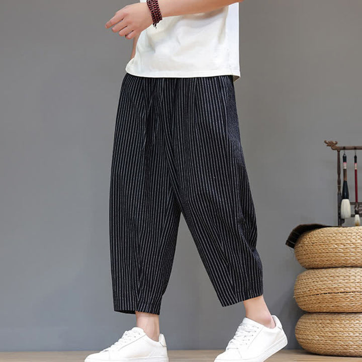 Buddha Stones Pantaloni capri estivi casual minimalisti con coulisse a righe in cotone e lino, pantaloni affusolati da uomo con tasca - Nero - US/UK/AU46, EU56 (5XL) - image 8