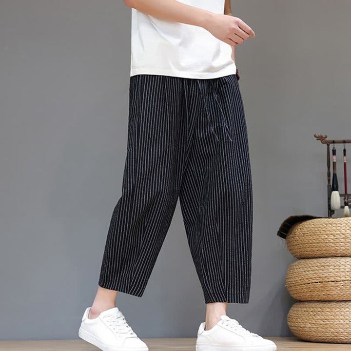 Buddha Stones Pantaloni capri estivi casual minimalisti con coulisse a righe in cotone e lino, pantaloni affusolati da uomo con tasca - image 14