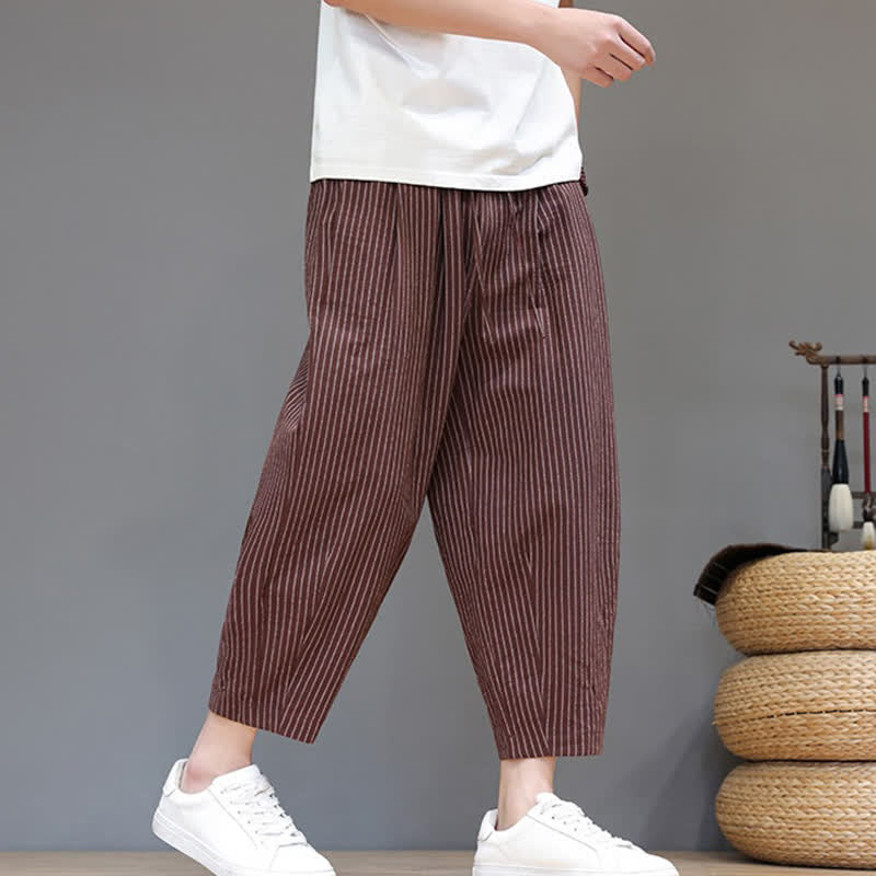 Buddha Stones Pantaloni capri estivi casual minimalisti con coulisse a righe in cotone e lino, pantaloni affusolati da uomo con tasca - image 21