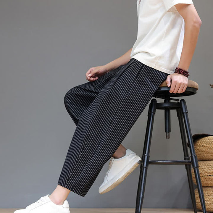 Buddha Stones Pantaloni capri estivi casual minimalisti con coulisse a righe in cotone e lino, pantaloni affusolati da uomo con tasca - image 16