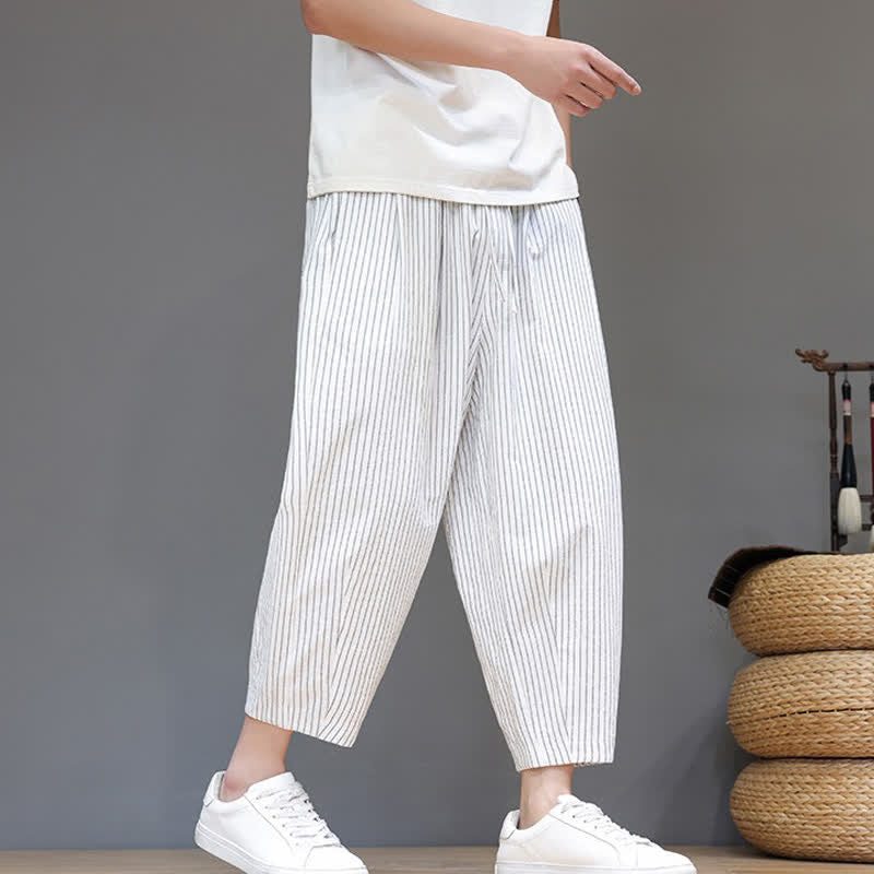 Buddha Stones Pantaloni capri estivi casual minimalisti con coulisse a righe in cotone e lino, pantaloni affusolati da uomo con tasca - image 26