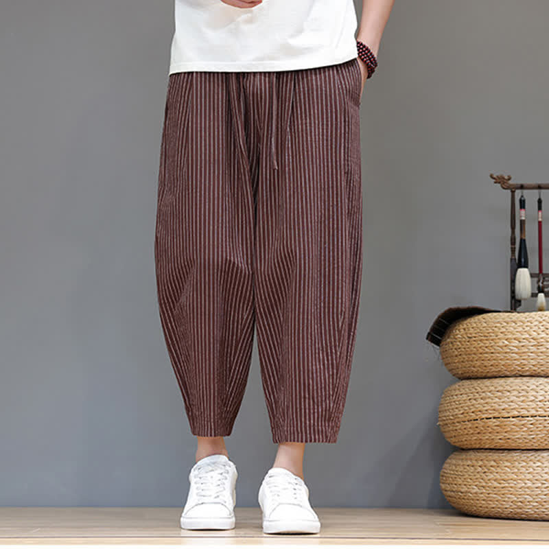 Buddha Stones Pantaloni capri estivi casual minimalisti con coulisse a righe in cotone e lino, pantaloni affusolati da uomo con tasca - image 22