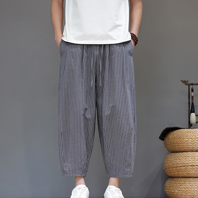 Buddha Stones Pantaloni capri estivi casual minimalisti con coulisse a righe in cotone e lino, pantaloni affusolati da uomo con tasca - image 5