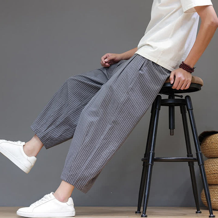 Buddha Stones Pantaloni capri estivi casual minimalisti con coulisse a righe in cotone e lino, pantaloni affusolati da uomo con tasca - image 7