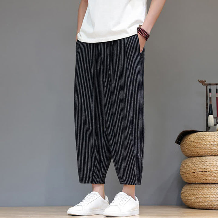 Buddha Stones Pantaloni capri estivi casual minimalisti con coulisse a righe in cotone e lino, pantaloni affusolati da uomo con tasca - image 13