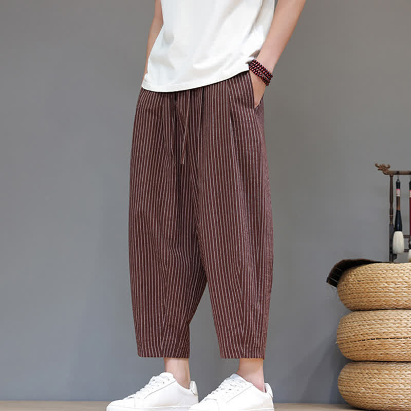 Buddha Stones Pantaloni capri estivi casual minimalisti con coulisse a righe in cotone e lino, pantaloni affusolati da uomo con tasca - image 19