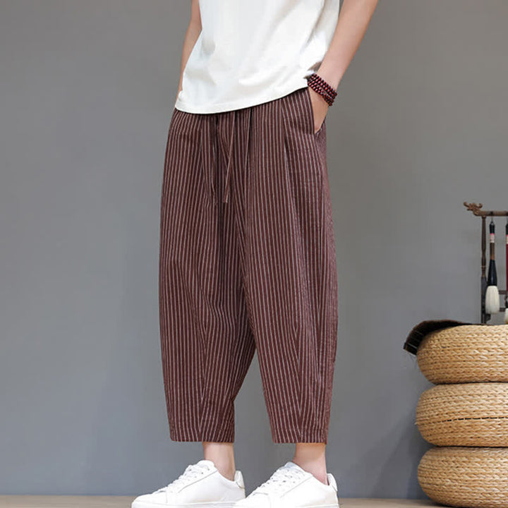 Buddha Stones Pantaloni capri estivi casual minimalisti con coulisse a righe in cotone e lino, pantaloni affusolati da uomo con tasca - image 19