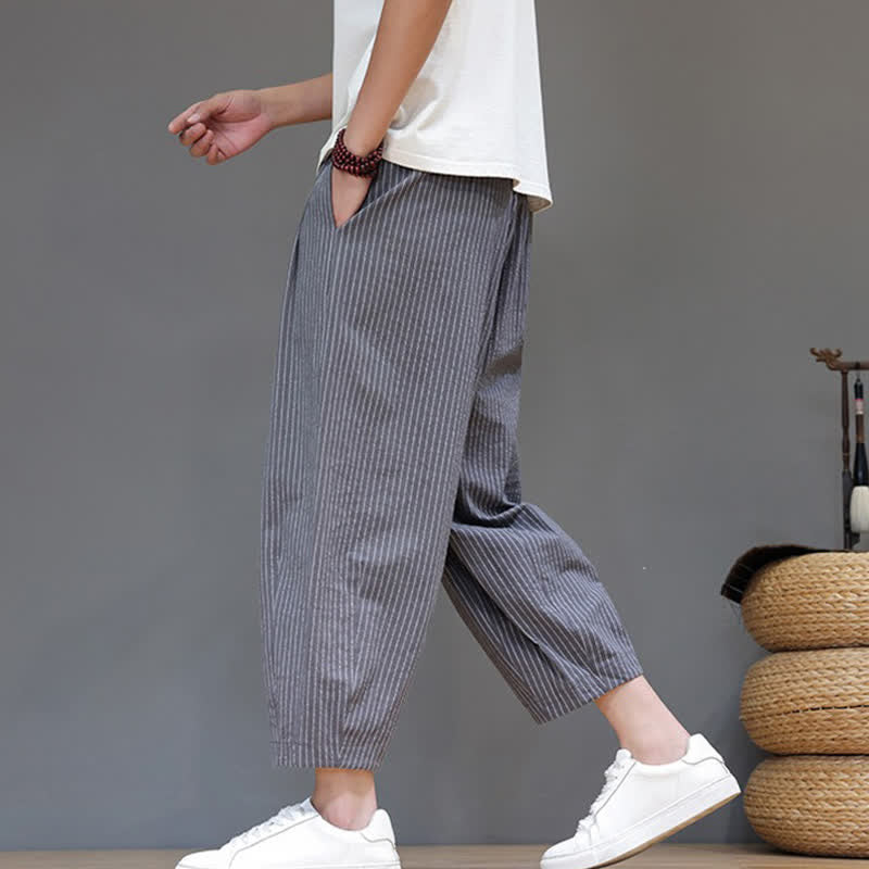Buddha Stones Pantaloni capri estivi casual minimalisti con coulisse a righe in cotone e lino, pantaloni affusolati da uomo con tasca - image 6