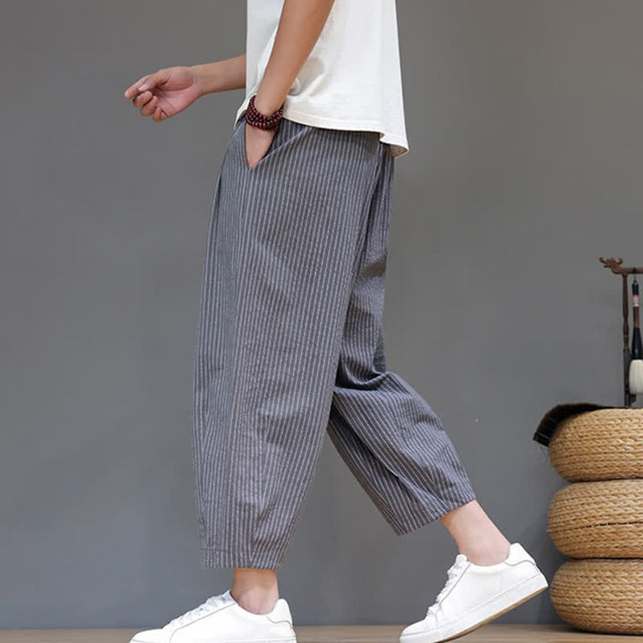 Buddha Stones Pantaloni capri estivi casual minimalisti con coulisse a righe in cotone e lino, pantaloni affusolati da uomo con tasca - image 6