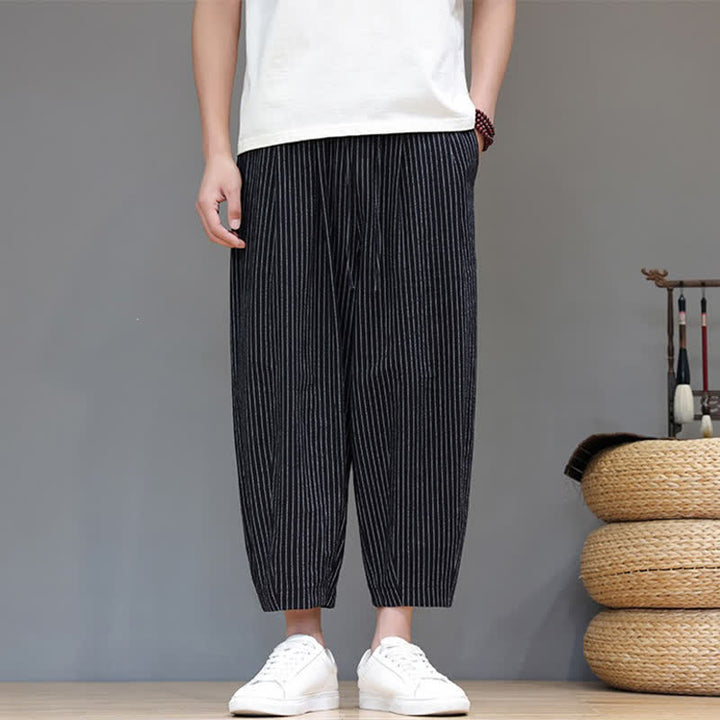 Buddha Stones Pantaloni capri estivi casual minimalisti con coulisse a righe in cotone e lino, pantaloni affusolati da uomo con tasca - image 9
