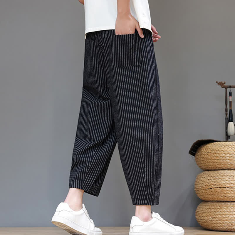 Buddha Stones Pantaloni capri estivi casual minimalisti con coulisse a righe in cotone e lino, pantaloni affusolati da uomo con tasca - image 11