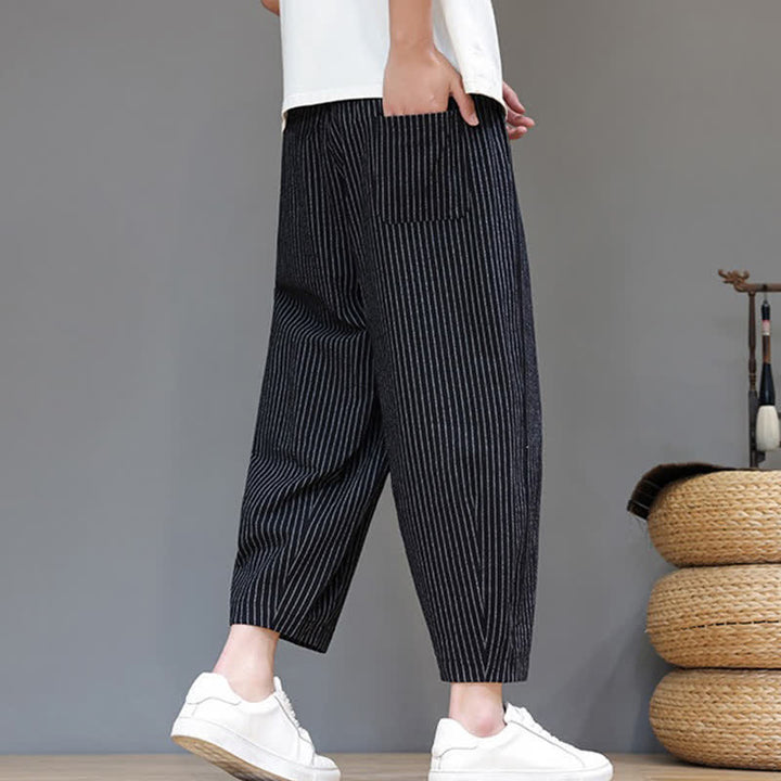 Buddha Stones Pantaloni capri estivi casual minimalisti con coulisse a righe in cotone e lino, pantaloni affusolati da uomo con tasca - image 11