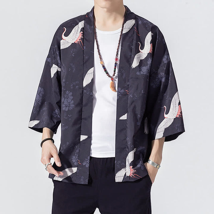 Buddha Stones Kimono da uomo estivo casual vintage con apertura frontale e stampa a onde e gru. - Indaco - US/UK/AU46, EU56 (5XL) - image 3