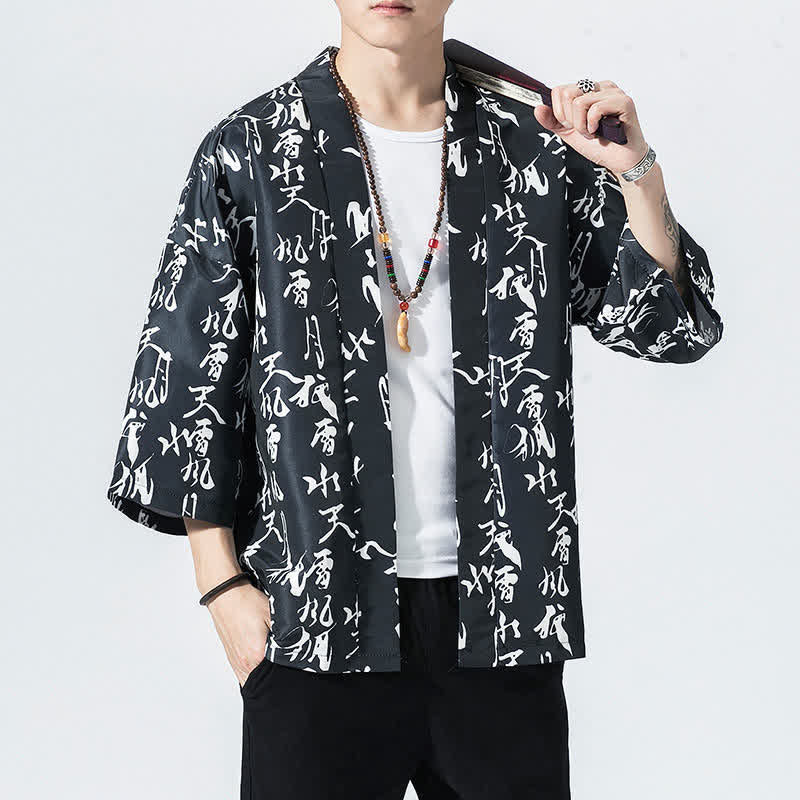 Buddha Stones Kimono da uomo estivo casual vintage con apertura frontale e stampa a onde e gru. - image 11