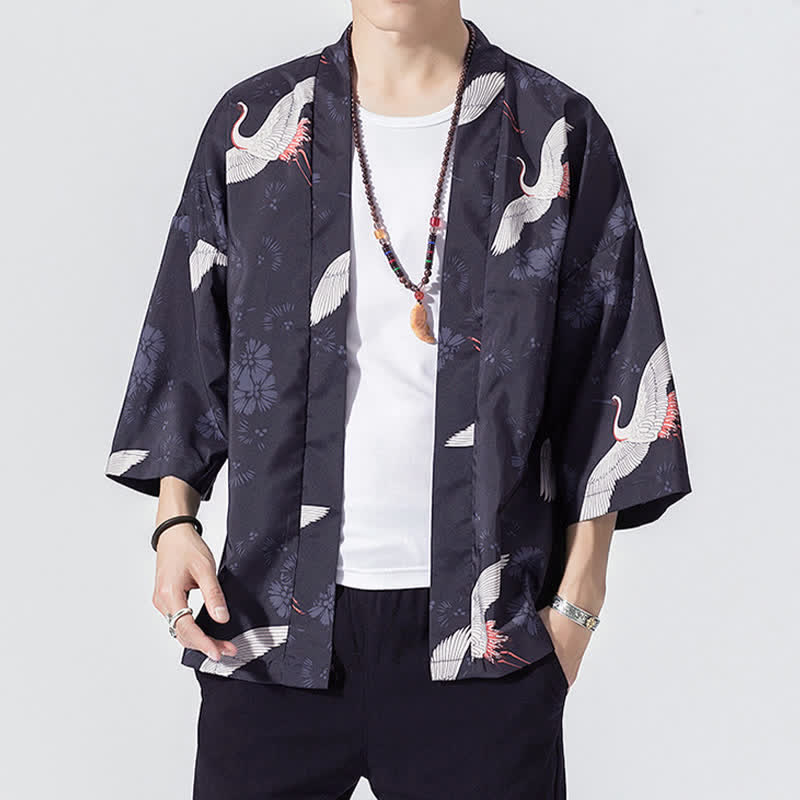 Buddha Stones Kimono da uomo estivo casual vintage con apertura frontale e stampa a onde e gru. - Marina - US/UK/AU46, EU56 (5XL) - image 3