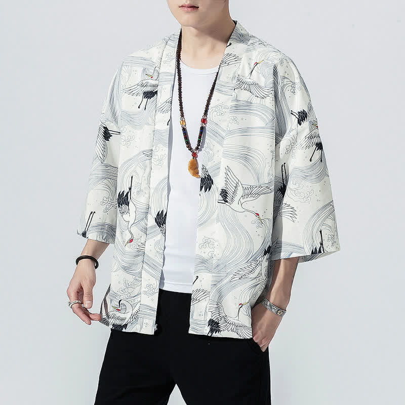 Buddha Stones Kimono da uomo estivo casual vintage con apertura frontale e stampa a onde e gru. - image 15