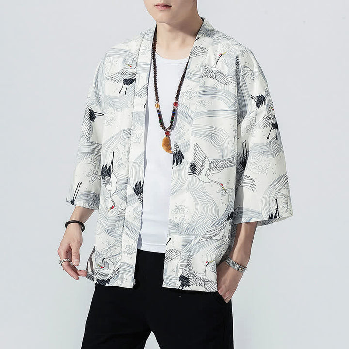 Buddha Stones Kimono da uomo estivo casual vintage con apertura frontale e stampa a onde e gru. - image 15