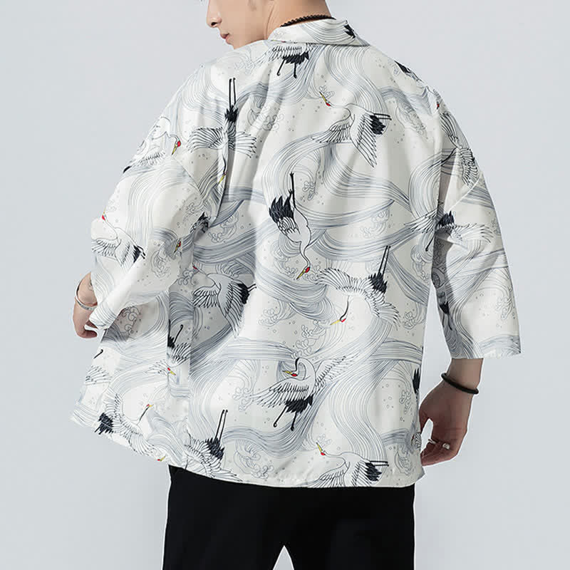 Buddha Stones Kimono da uomo estivo casual vintage con apertura frontale e stampa a onde e gru. - image 17