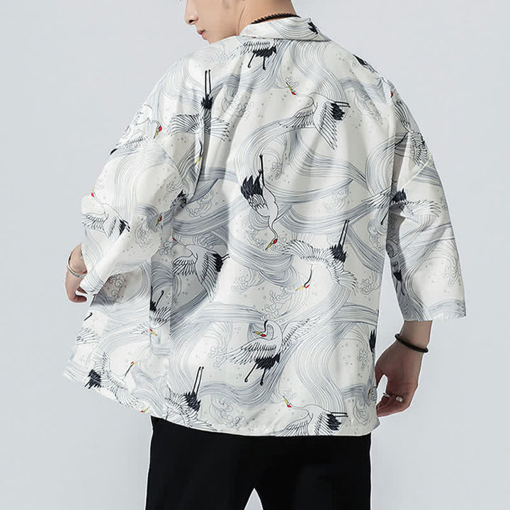 Buddha Stones Kimono da uomo estivo casual vintage con apertura frontale e stampa a onde e gru. - image 17