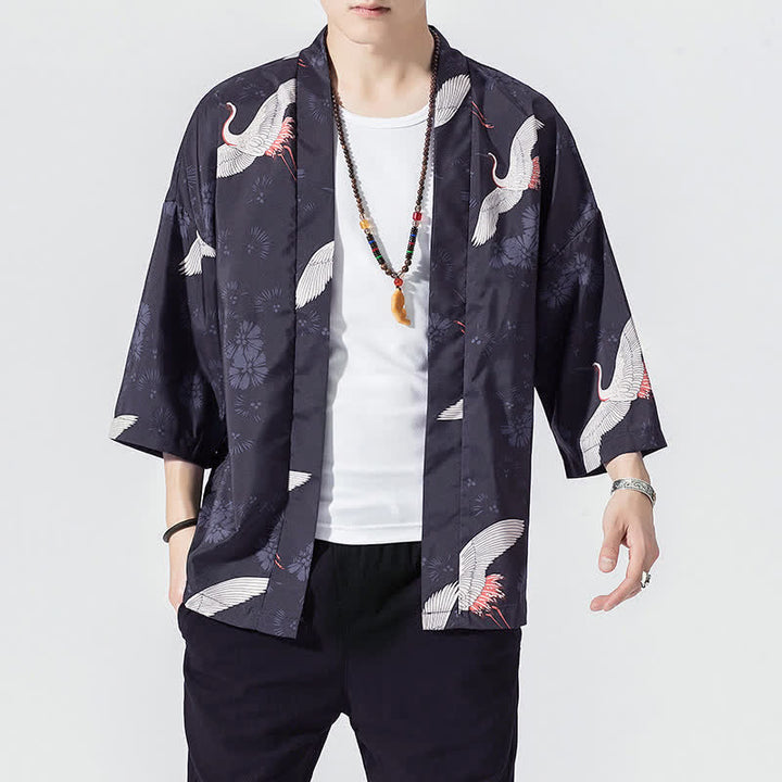 Buddha Stones Kimono da uomo estivo casual vintage con apertura frontale e stampa a onde e gru. - image 4