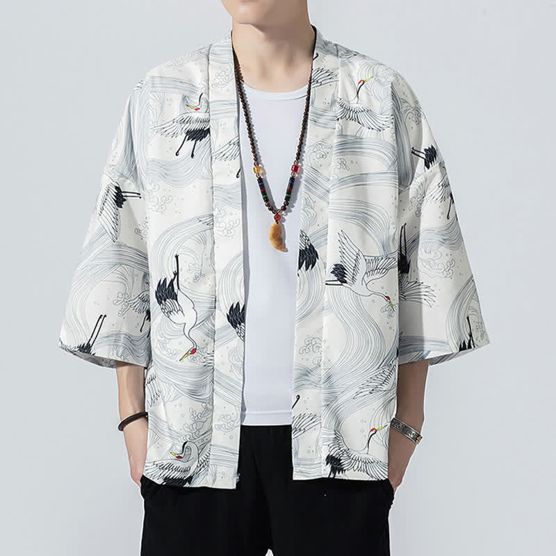 Buddha Stones Kimono da uomo estivo casual vintage con apertura frontale e stampa a onde e gru. - Bianco - US/UK/AU46, EU56 (5XL) - image 13