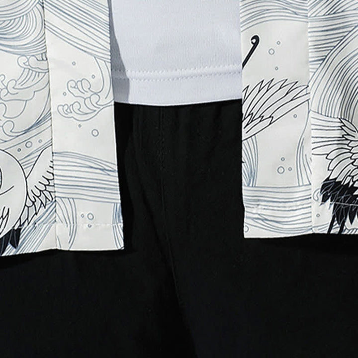 Buddha Stones Kimono da uomo estivo casual vintage con apertura frontale e stampa a onde e gru. - image 15