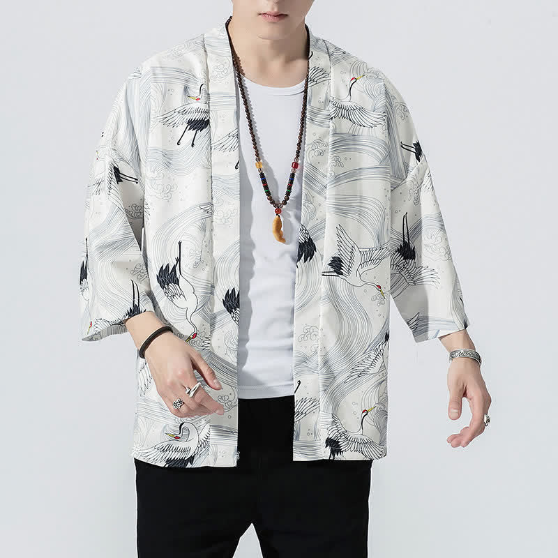 Buddha Stones Kimono da uomo estivo casual vintage con apertura frontale e stampa a onde e gru. - image 14