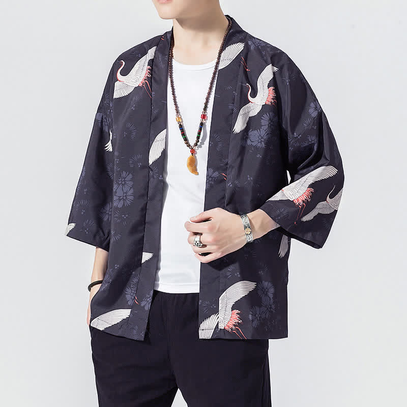 Buddha Stones Kimono da uomo estivo casual vintage con apertura frontale e stampa a onde e gru. - image 5