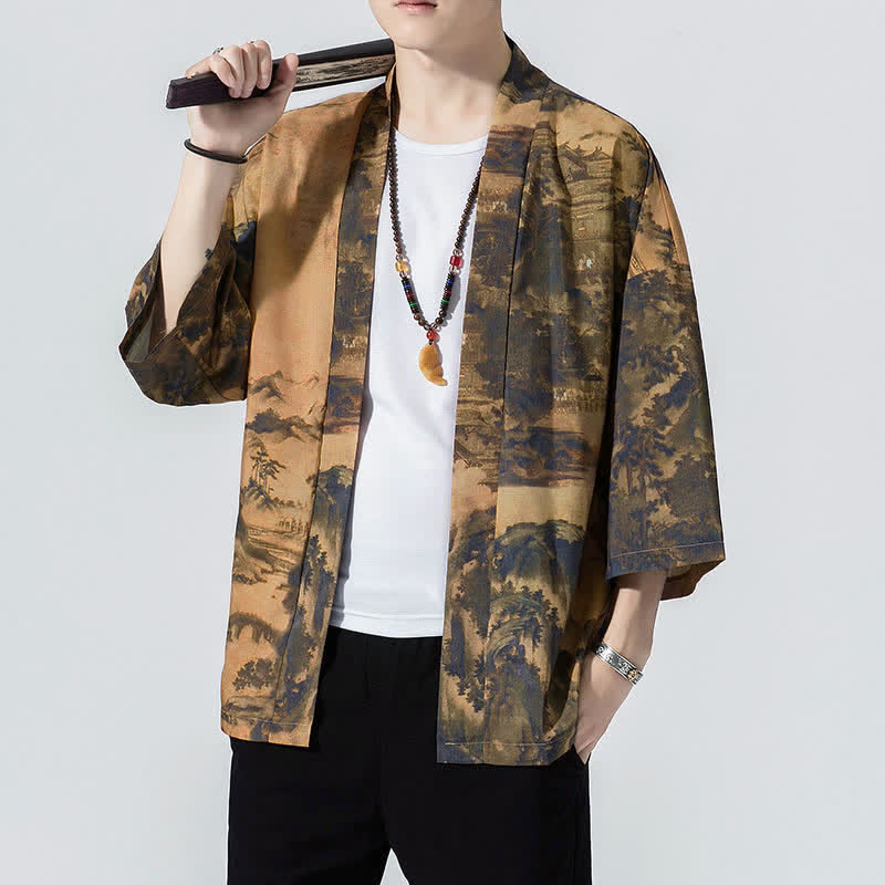 Buddha Stones Kimono da uomo estivo casual vintage con apertura frontale e stampa a onde e gru. - image 8